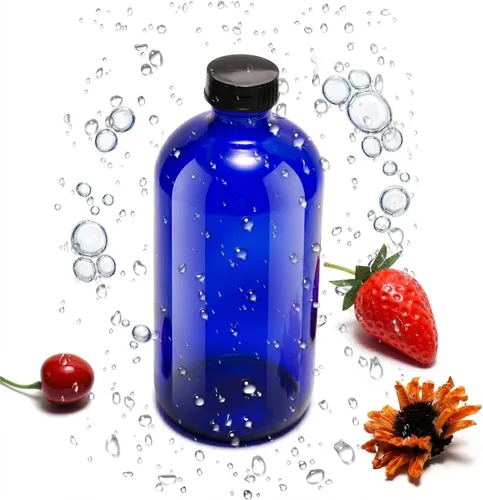 Vista 5 de Botellas de vidrio azul de 16 onzas con tapas reutilizables (paquete de 2), botella de almacenamiento Boston, dispensación para extracto de vainilla