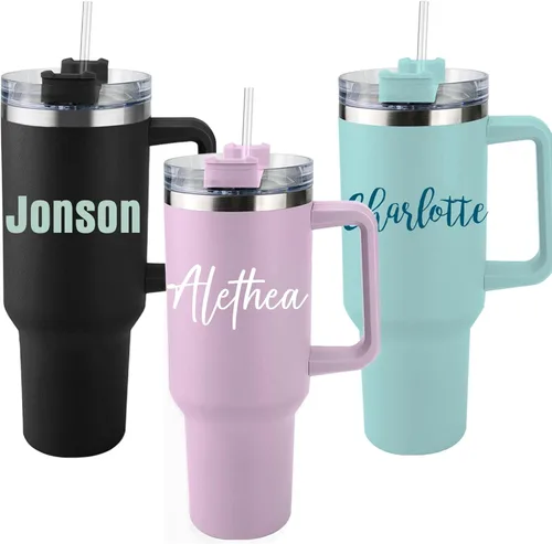 Vista 13 de CusCosCes Se envía al día siguiente desde Estados Unidos, vaso de 40 oz con asa, vaso personalizado con flor del mes de nacimiento y nombre de texto
