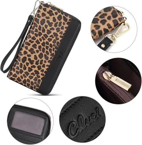 Vista 5 de CLUCI Cartera para mujer de gran capacidad de cuero con cremallera para teléfono para mujer billetera billetes 1-0 Leopardo Negro Vintage
