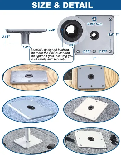 Vista 6 de MATINA Base de asiento de barco, pedestal y base de aluminio de 7 x 7 pulgadas con enchufe de poste de pasador de 3/4 pulgadas, accesorios de barco