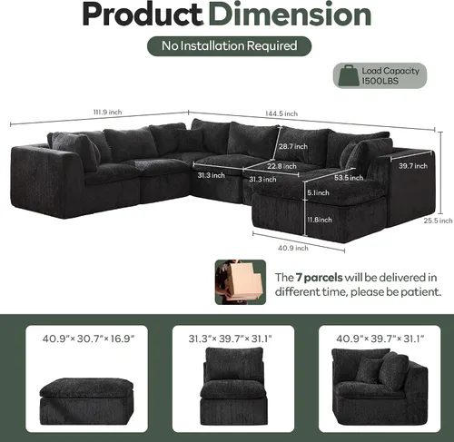 Vista 2 de STHOUYN Sofás Nube Modernos Extragrandes de 145" para Sala de Estar, Sofá Seccional Modular Grande de 7 Asientos, Cómodo Sofá Seccional Convertible