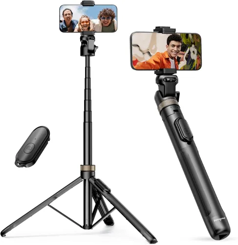 Sensyne Trípode extensible de 72" para iPhone y Selfie Stick con soporte de teléfono desmontable y control remoto inalámbrico, compatible con todos