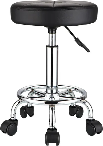 Vista 4 de Taburete redondo con ruedas Silla giratoria ajustable de altura para spa salón masaje negro