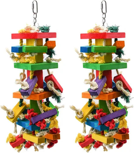 Vista 7 de RUBY.Q Juguete grande de loro, juguete de loro de pájaro de 20 pulgadas, multicolor de madera natural para masticar pájaros grandes, gris africano