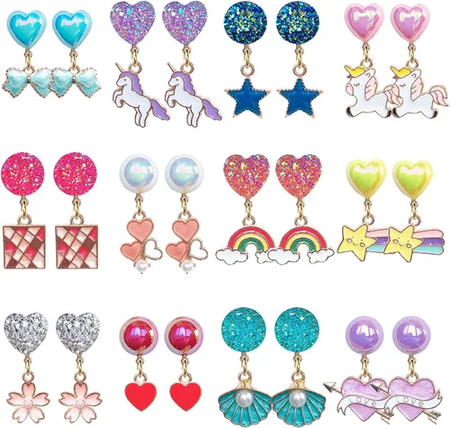 ELEMIRSA Juego de 12 pares de aretes de clip para niña, recuerdos de princesa, aretes de unicornio para niñas pequeñas, juego de joyería