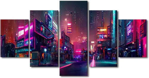 Vista 37 de Póster de 5 paneles en lienzo para decoración de pared, diseño de centro urbano Cyberpunk, impresión moderna, decoración de pared para el hogar