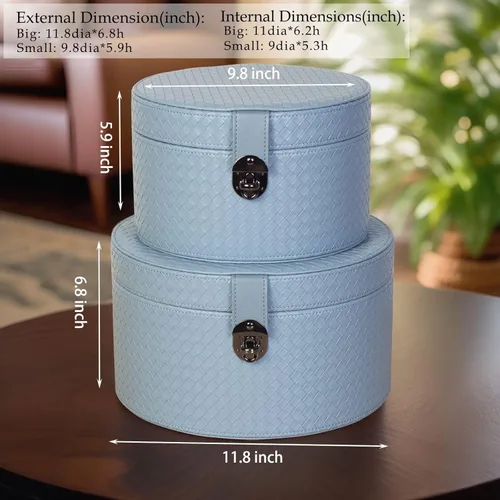 Vista 3 de Juego de 2 cajas decorativas redondas de cuero artificial azul con hebilla decorativa negra para decoración del hogar