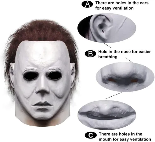 Vista 5 de MAKEATREE Máscara de Halloween de Michael Myers, máscara de látex de terror de película caliente, máscara de cabeza completa con pelo