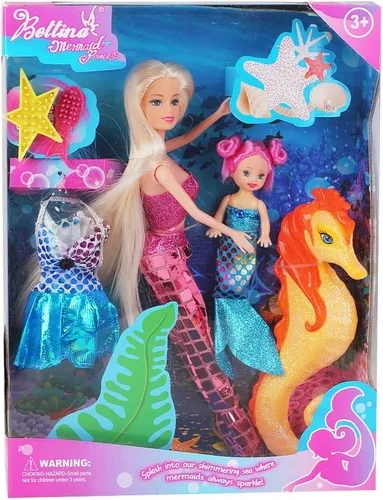 BETTINA 12'' Mermaid Princess Doll with 3'' Mermaid & Seahorse Play Gift Set | Mermaid Toys with Accessories and Doll Clothes for Little Girls (Pink)