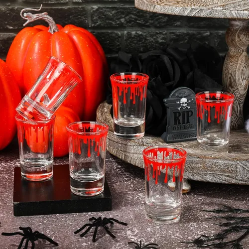 Vista 4 de Whaline Paquete de 6 vasos de chupito de Halloween salpicados de sangre de 1.7 onzas, vasos de chupito de vidrio sangriento de terror para fiesta