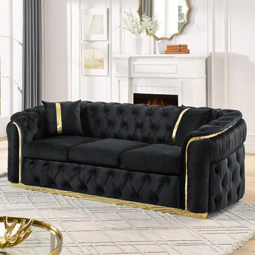 Vista 10 de Sofá Chesterfield de 62.6 pulgadas, moderno de mediados de siglo, sofá de terciopelo blanco beige y dorado, sofás de lujo para sala de estar