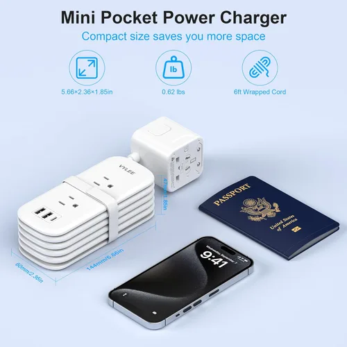 Vista 9 de VYLEE - Adaptador de viaje universal con regleta de alimentación, adaptador de corriente internacional con 2 enchufes de EE. UU., 3 puertos USB