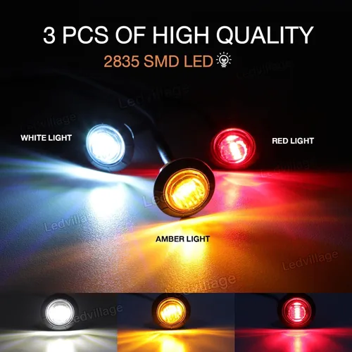 Vista 3 de Paquete de 30 3/4 pulgadas, mini redondo, 10 ámbar, 10 rojos + 10 blancos, 3 luces LED de botón de marcador lateral para remolque, lámpara de señal