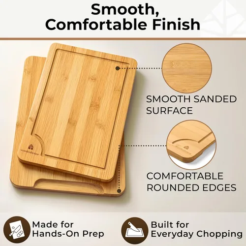 Vista 5 de Juego de tablas de cortar de bambú de 3 piezas - Tablas de cortar de madera gruesas y duraderas con ranuras profundas para jugo y asas incorporadas
