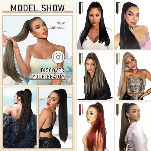 Vista 7 de Sofeiyan - Extensión de cola de caballo larga, cabello lacio sintético, extensión con clip envolvente para mujer