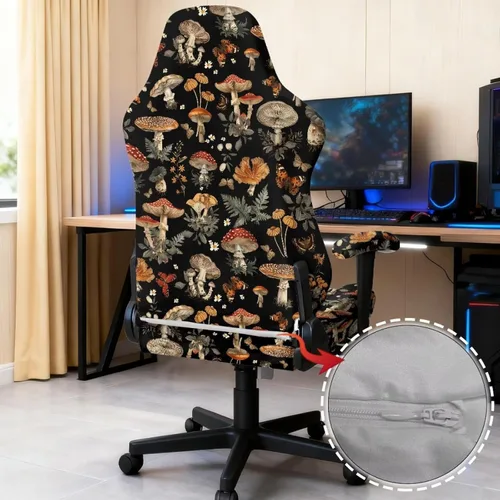 Vista 5 de Funda para silla de jugador de hongos, funda para silla de computadora, 4 piezas, con cremallera, con reposabrazos, para estudio en casa, helechos