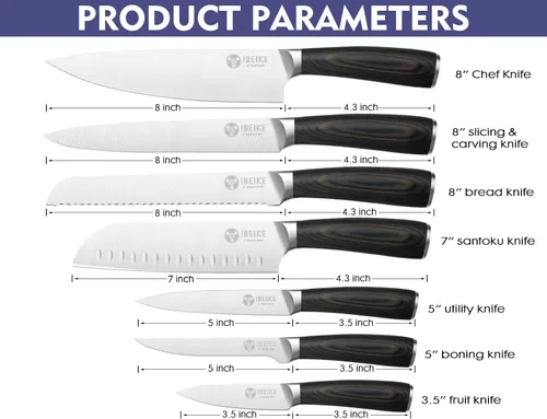 Vista 2 de Juego de cuchillos de chef profesional, juego de cuchillos de cocina de 7 piezas sin bloque, cuchillos de cocina de acero inoxidable de alto
