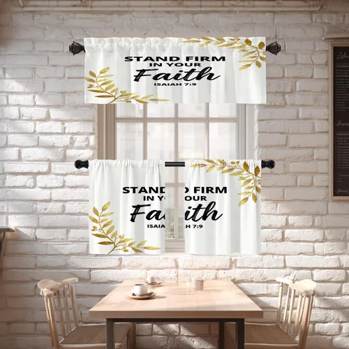 Vista 2 de Shrahala Cortinas blancas S inspiradoras para ventanas de cocina, cortinas negras con palabras cristianas para cafetería, cortinas opacas