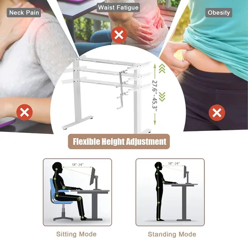 Vista 6 de Tangkula Marco de escritorio con manivela, estación de trabajo de pie ajustable en altura manual con manivela plegable, bandeja de gestión