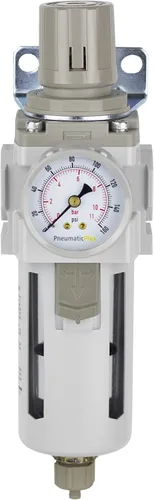 Vista 2 de PneumaticPlus SAW400-N04BG Filtro de aire comprimido regulador combinado tipo piggyback 1/2" NPT - Cuenco de polietileno, drenaje manual, soporte