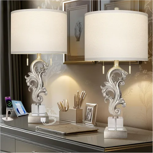 Vista 11 de Juego de 2 lámparas de mesa escultóricas con puertos USB para sala de estar, lámparas de noche de granja con acabado en hoja de oro y interruptor