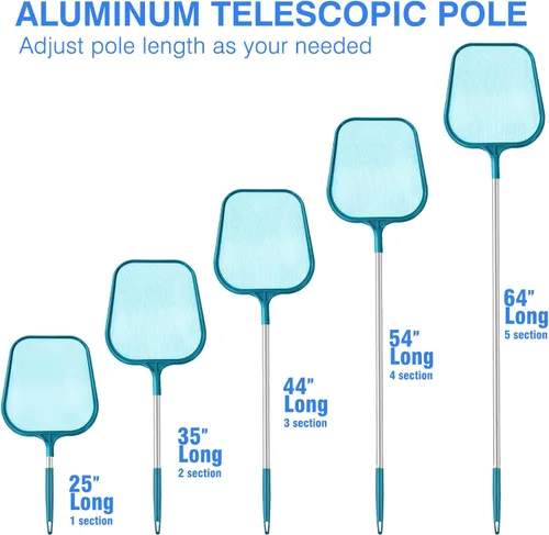 Vista 3 de Escumadora de piscina - Red de escumadora de piscina con 5 secciones de postes telescópicos desmontables de aluminio, 25'- 64', escumadora de red