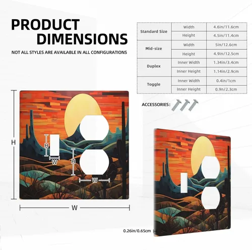 Vista 5 de Placa decorativa para interruptor de luz, diseño bohemio, abstracción, montaña y sol, 2 bandas, 1 palanca, 1 placa de pared dúplex, cubiertas