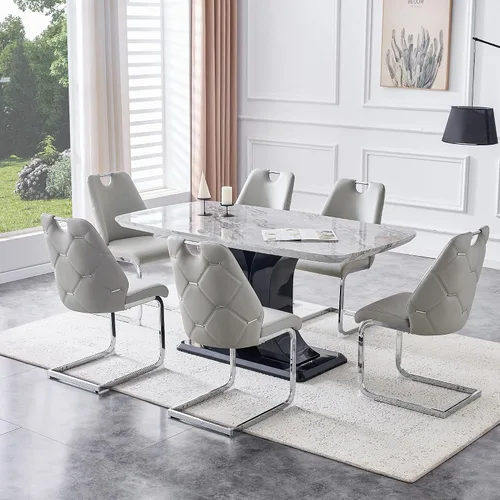 Vista 19 de Juego de mesa de comedor moderno para 4, juego de sillas de mesa de cocina de mármol sintético, mesa rectangular de MDF de 63 pulgadas, sillas Negro