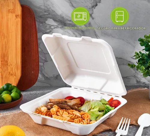 Vista 4 de ECOLipak Paquete de 200 recipientes de comida para llevar, 100% compostables, desechables, cajas de 6 x 6 pulgadas para ensalada, tartas, sándwiches