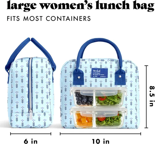 Vista 3 de Fit & Fresh Bloomington - Lonchera grande aislada para trabajar con contenedores, resistente a las manchas, cierre de cremallera, pequeñas flores