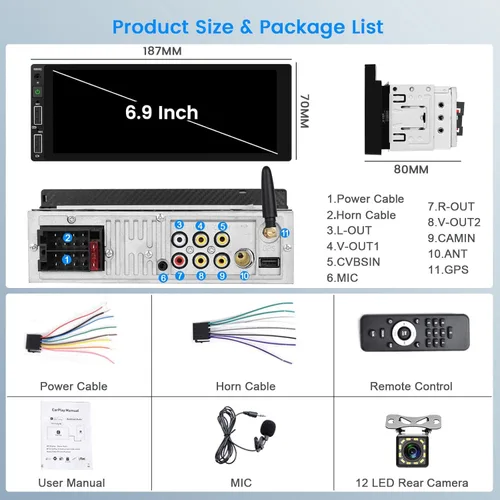 Vista 7 de Hikity 1280 x 480 IPS pantalla táctil Bluetooth 5.1 inalámbrico Android Auto, receptor de audio para automóvil, EQ FM 2USB SWC+cámara de respaldo