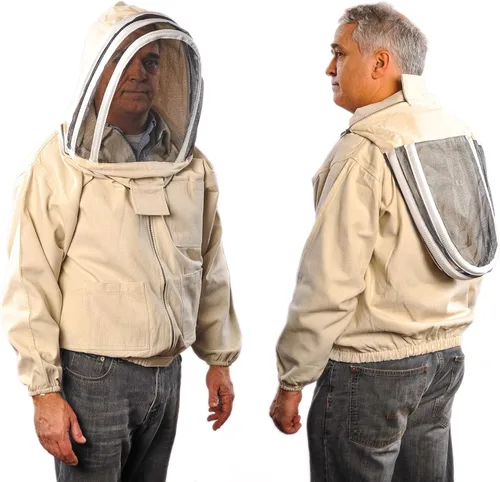 Chaqueta de abeja con velo - Chaqueta de lona natural con cintura y puños elásticos, cremalleras YKK de latón, 3 bolsillos utilitarios. Capucha