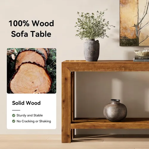 Vista 7 de Mesa consola de entrada de madera maciza de 63 pulgadas, mesa de sofá estrecha de granja detrás del sofá con almacenamiento de 2 niveles