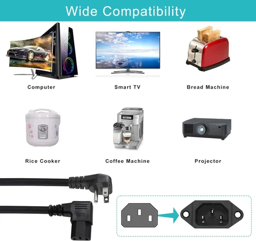 Vista 7 de Cable de alimentación de 90 grados, IEC de ángulo recto de 2 pies, fuente de alimentación universal para PC, 16 AWG, NEMA 5-15P negro tipo ángulo a