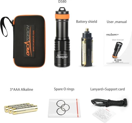 Vista 7 de ORCATORCH Luz de buceo D580, linterna subacuática máxima de 530 lúmenes con haz estrecho de 6 grados, interruptor giratorio impermeable IP68