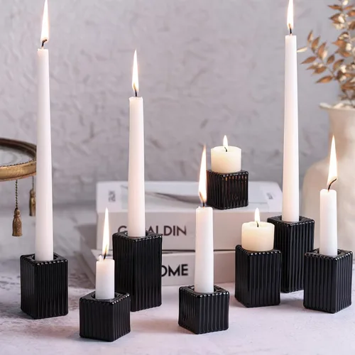 LETINE 12 piezas de portavelas de vidrio con rayas verticales negras - Juego elegante de portavelas cónicos para decoración chic de comedor y hogar
