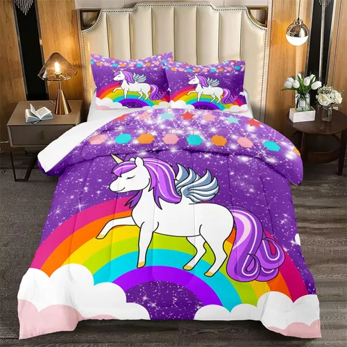 Juego de ropa de cama de unicornio para niñas, tamaño matrimonial, edredón de unicornio de dibujos animados, juego de ropa de cama para niños, lindo