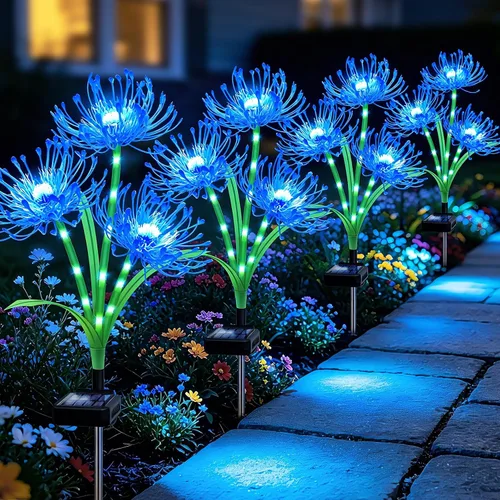 VOOKRY Luces solares de lirio de araña para jardín, paquete de 4 luces LED azules con 12 cabezas y paneles solares individuales, decoración de