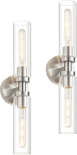 Vista 14 de Lanhall 2 lámparas de baño de níquel cepillado sobre el espejo, moderna lámpara de tocador de pared con pantalla de vidrio transparente para baño