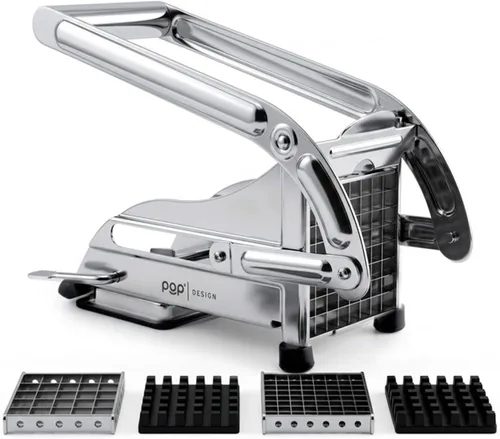 POP AirFry Mate, Cortador de patatas fritas de grado comercial de acero inoxidable, rebanador de verduras y patatas, 2 tamaños de cuchillas, base de