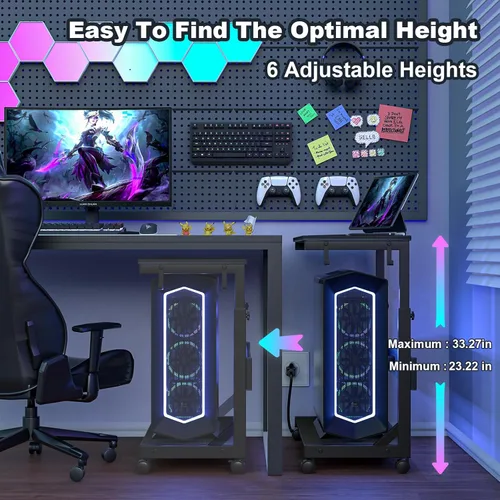 Vista 3 de Soporte de torre de computadora de altura ajustable con estación de carga y puerto de carga USB, carrito de 2 niveles ATX, soporte de PC móvil