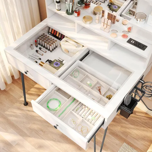 Vista 3 de TC-HOMENY Escritorio de maquillaje con parte superior de cristal, tocador con soporte para herramientas para el cabello y estación de carga, 2