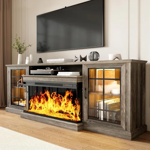 Vista 17 de MXV Soporte de TV con chimenea de 59 pulgadas, centro de entretenimiento estilo granja con soporte de TV de vidrio de 3 lados, mesa consola