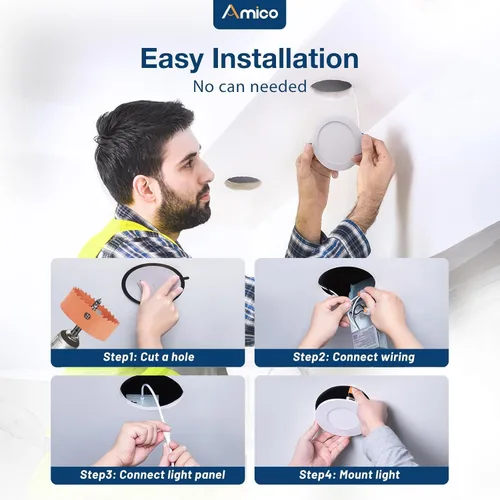 Vista 4 de Amico 16 Pack 4 Inch 5CCT Ultra-Thin LED Recessed Ceiling Light with Junction Box, 2700K/3000K/3500K/4000K/5000K Selectable, 11W Eqv 70W, Dimmable