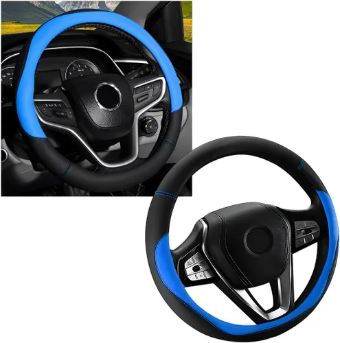 Vista 8 de KVAEY Funda universal para volante de automóvil, protector de cuero prémium con forro antideslizante, funda universal de 15 pulgadas, suave y Negro