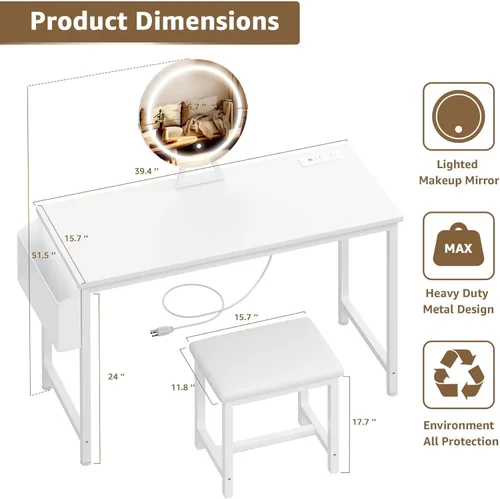 Vista 2 de Set de tocador económico para maquillaje para niñas con espejo y taburete y luces y toma de corriente, mesa de tocador blanca con silla, tocadores