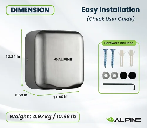 Vista 2 de Alpine Hemlock - Secador de manos para baño, acero inoxidable resistente, soplador comercial de aire caliente de alta velocidad 1800 vatios