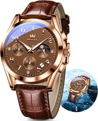OLEVS Relojes de hombre de cuero marrón con fecha, relojes casuales para hombre, relojes de cara grande para hombre, cronógrafo para hombre, reloj