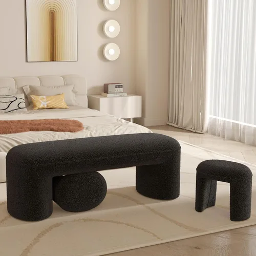 Vista 10 de Juego de Bancos Otomanos Anidables de 3 Piezas, Banco Tapizado de 53" de Largo para Pie de Cama con 2 Taburetes para Pies de 15", Banco Arqueado