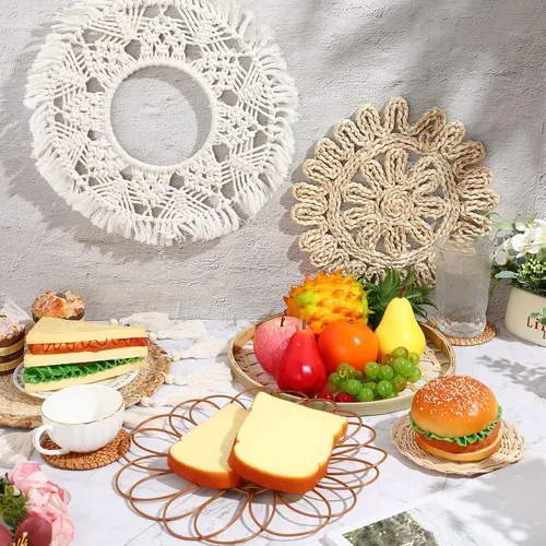 Vista 7 de Marsui Juego de 8 colgantes de pared bohemios, ratán tejido, cestas de bambú con borlas de macramé y tapiz para dormitorio, sala de estar